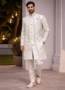 Premium White Armani Beads Hand Embroidered Indowestern Sherwani