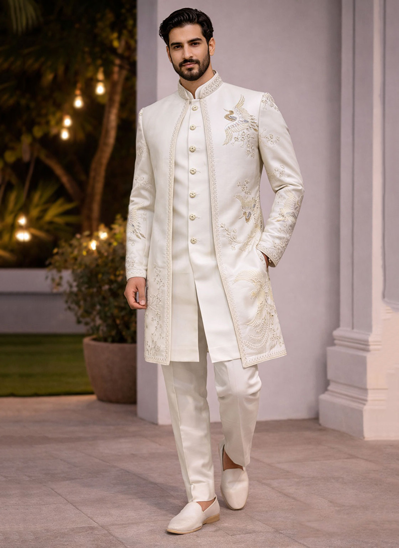 Premium White Armani Beads Hand Embroidered Indowestern Sherwani Wedding Wear