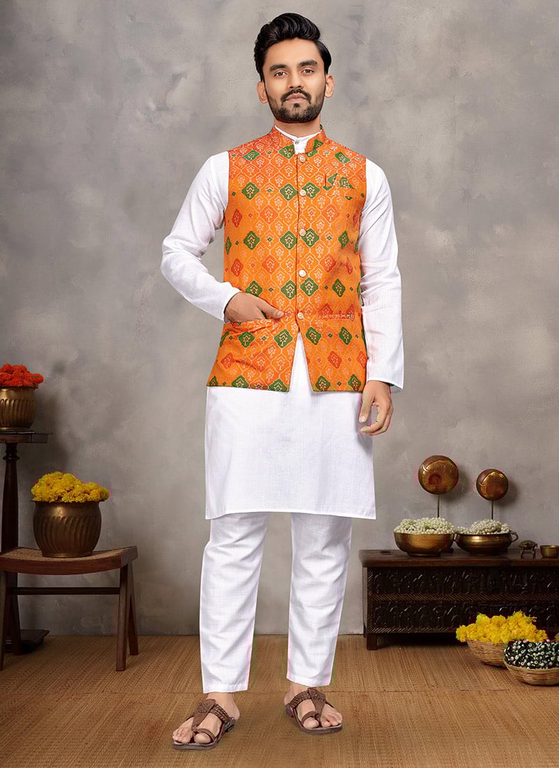 Premium White Cotton Jacquard Bandi Set Festive Wear
