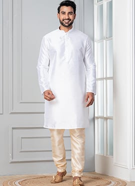 Premium White Dupion Silk Plain Kurta Pyjama