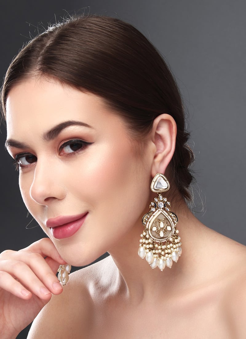 Premium White Kundan Pearl Meenakari Dangler After Six Wear