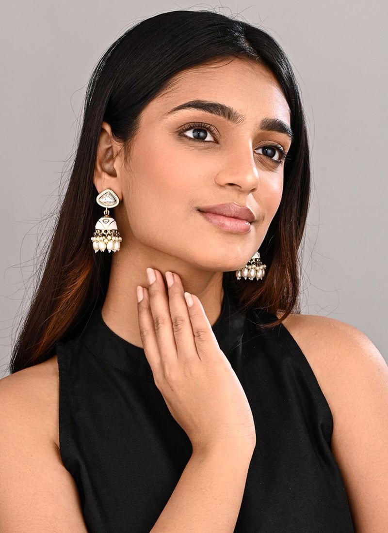 Premium White Meenakari Stone Pearl Jhumka Festive Wear