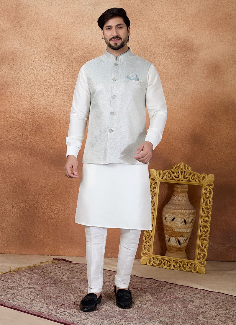 Premium White Silk Jacquard Bandi Set Festive Wear