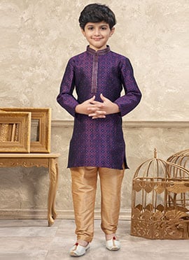 Premium Wine Banarasi Silk Jacquard Thread Lace Work Kids Boys Kurta Pyjama