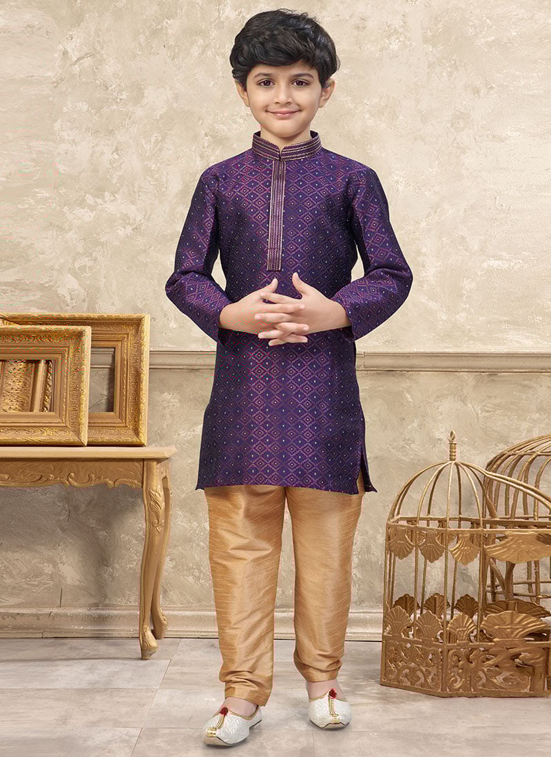 Premium Wine Banarasi Silk Jacquard Thread Lace Work Kids Boys Kurta Pyjama Festive Wear
