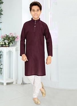 Premium Wine Cotton Blend Zari Kids Boys Kurta Pyjama