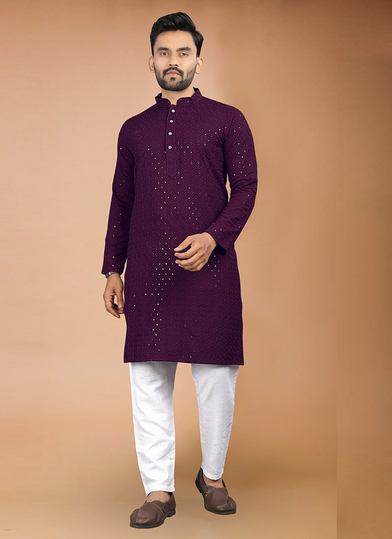 Premium Wine Rayon Sequins Embroidered Kurta Pyjama Festive Wear