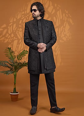 Prestige Black Art Silk Indowestern Sherwani