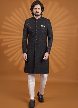 Prestige Black Thread Work Sequins Embroidered Classic Sherwani