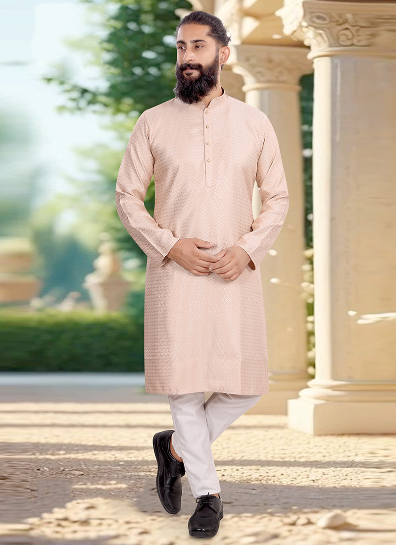 Pretty Light Pink Jacquard Silk Kurta Pyjama Festive Wear