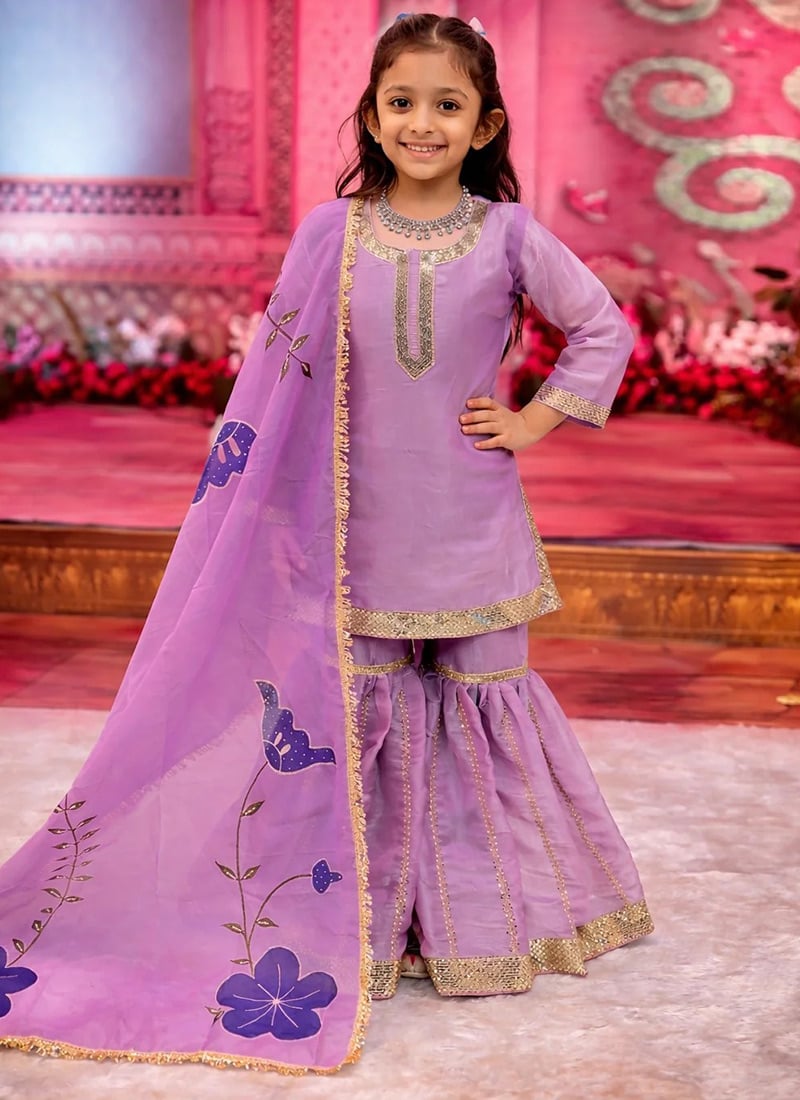 Pretty Pink Fendi Silk Embroidery Sequence Work Kids Girls Sharara Suit