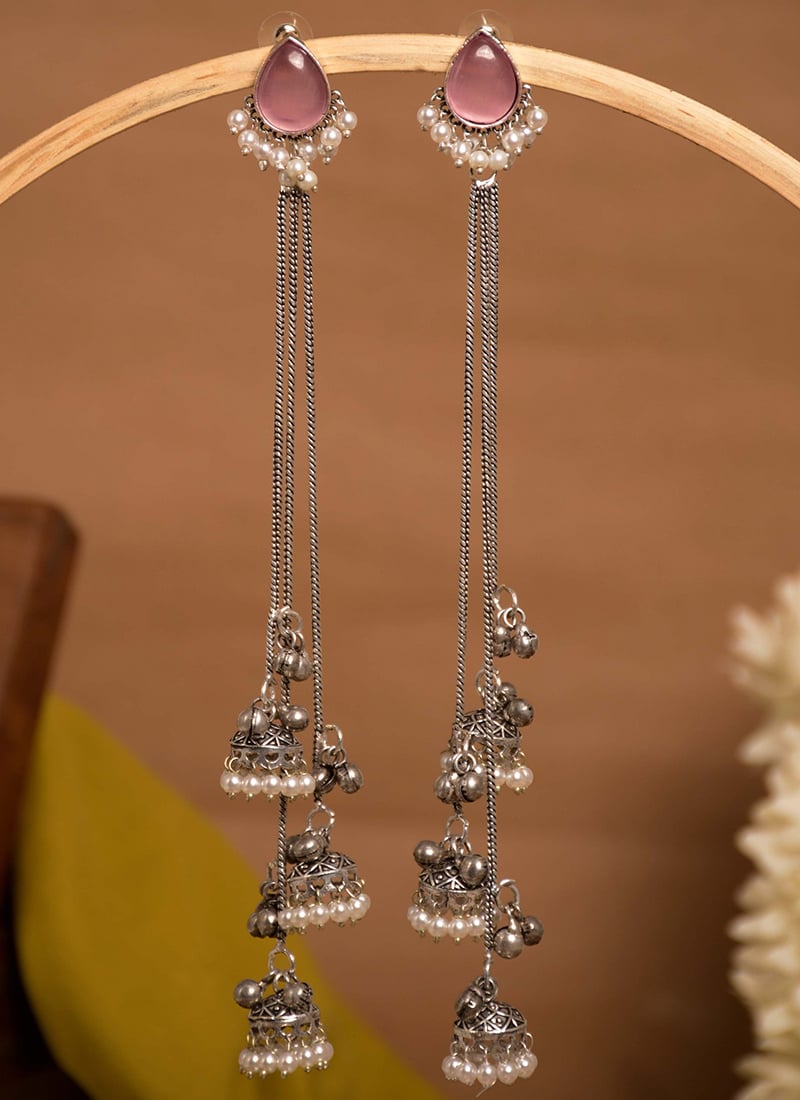 Pretty Pink Kundan Beads Oxidised Jhumka Festive Wear