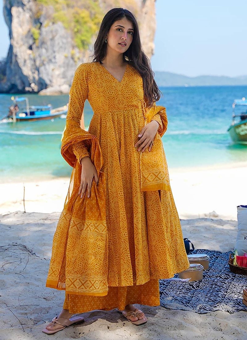 Printed Angarkha Style Anarkali Suit With Dupatta In Mustard Muslin