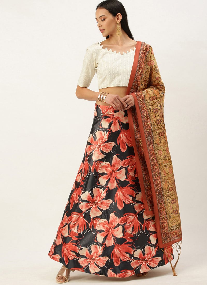 Printed Black Satin Umbrella Lehenga Festive Wear