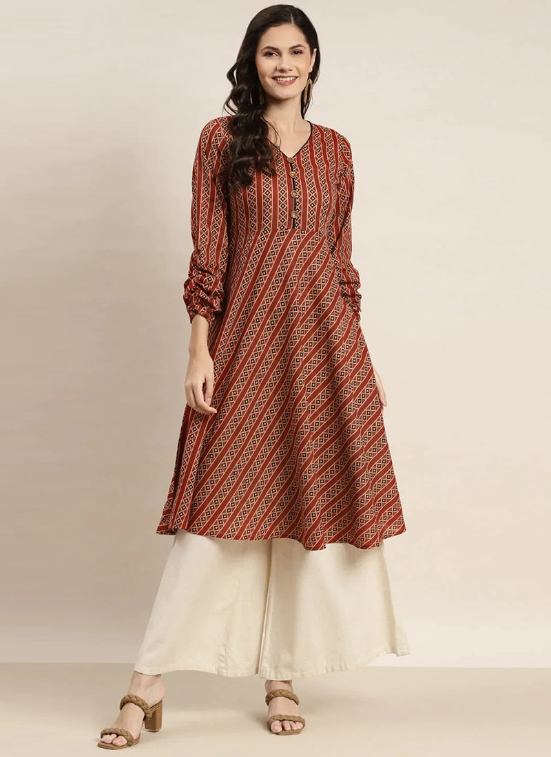 Printed Cotton Anarkali Style Brown Kurti After Six Wear-KRDN2Z1468BR
