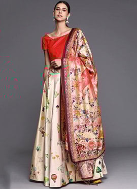 Printed Cream Satin Umbrella Lehenga