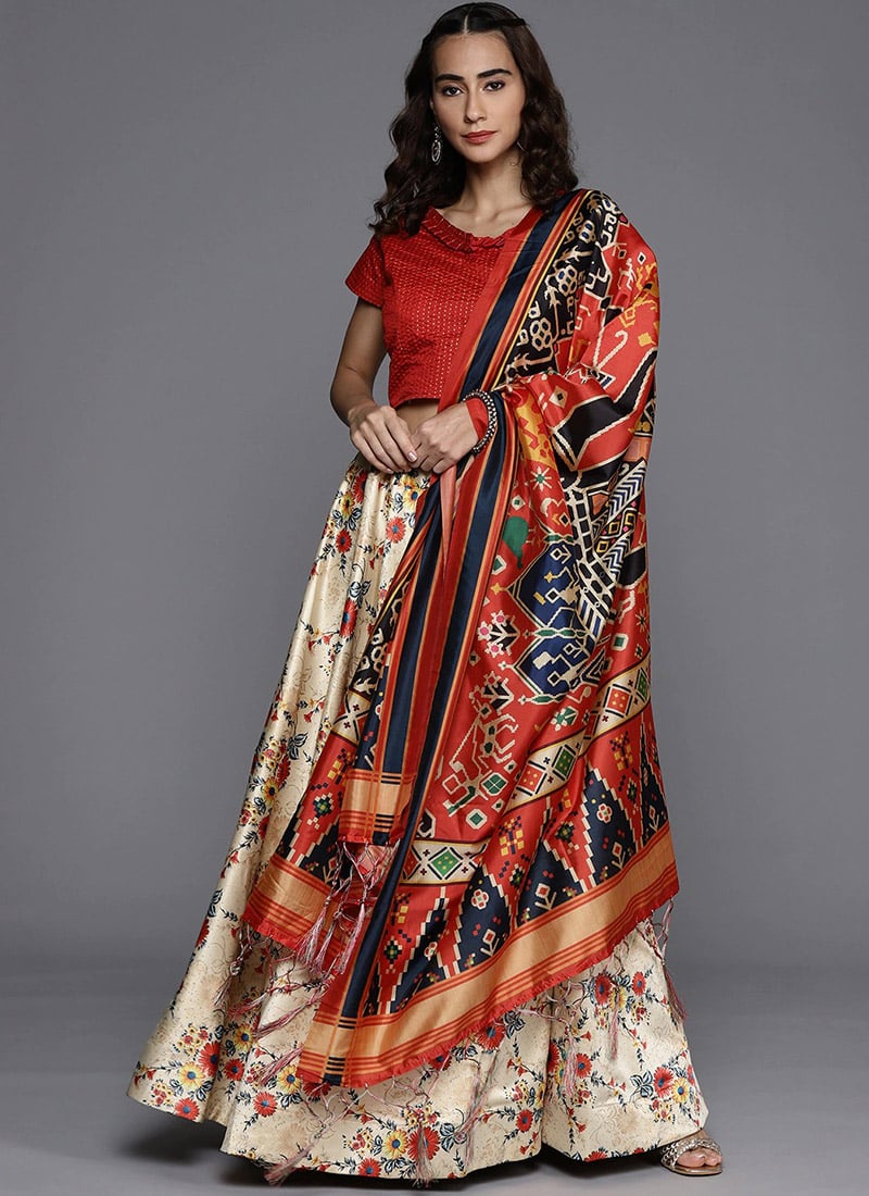Printed Cream Satin Umbrella Lehenga Festive Wear