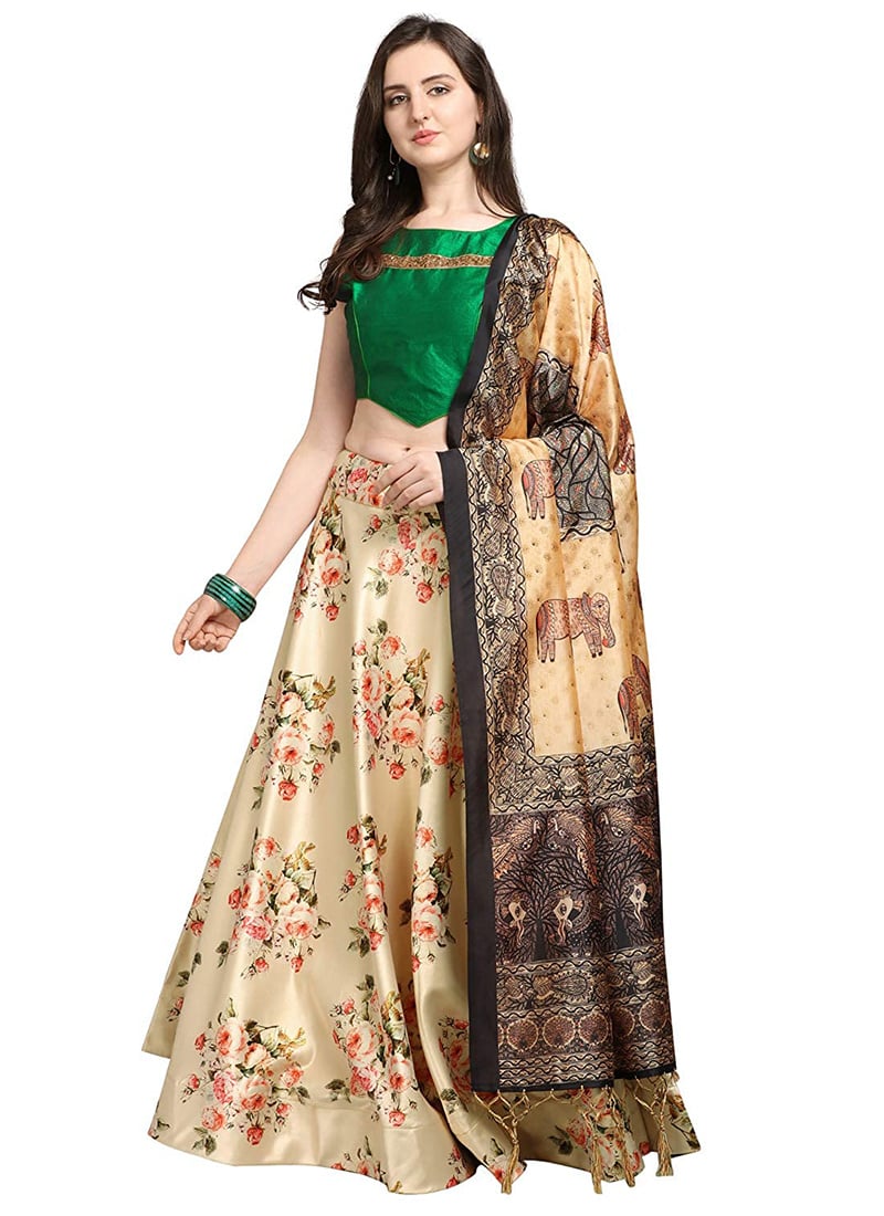 Printed Cream Satin Umbrella Lehenga Festive Wear