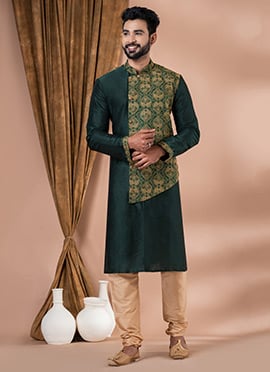 Printed Dupion Silk Bottle Green Kurta Pyjama