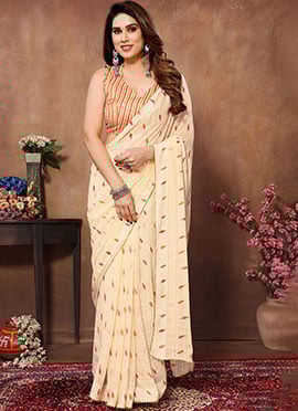 Printed Faux Georgette Cream Draped Saree