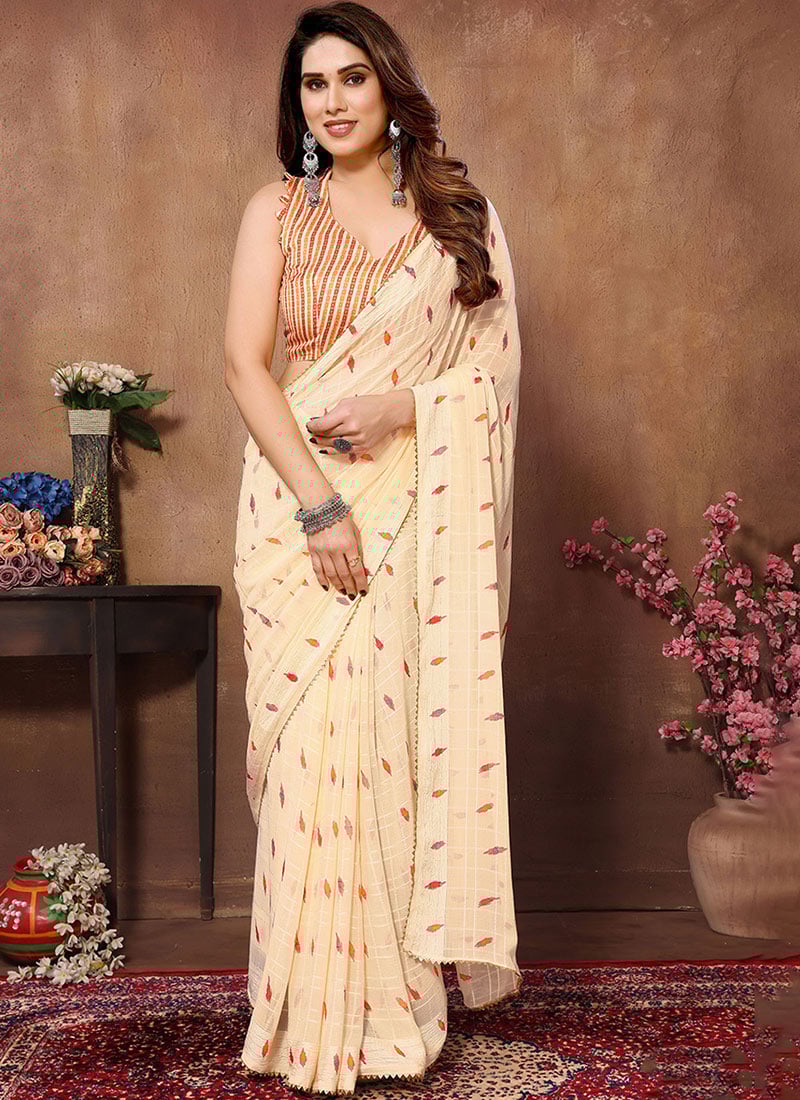 Printed Faux Georgette Cream Draped Saree After Six Wear