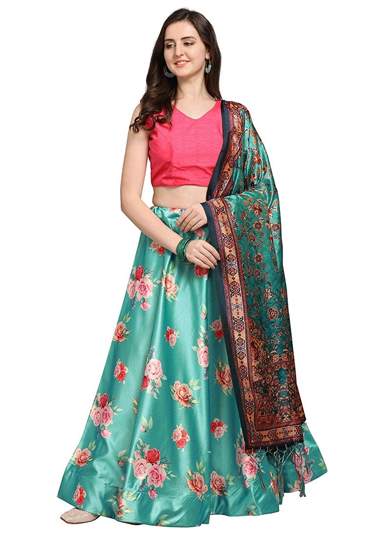 Printed Green Satin Umbrella Lehenga Festive Wear