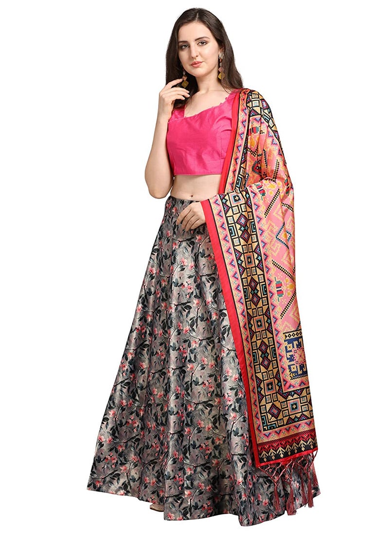 Printed Grey Satin Umbrella Lehenga Festive Wear