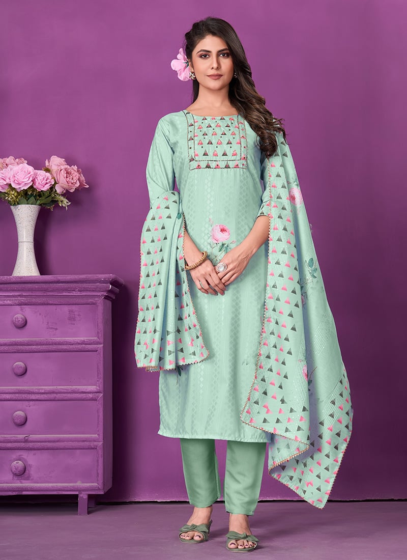 Printed Hand Work Cotton Straight Pant Suit Party Wear