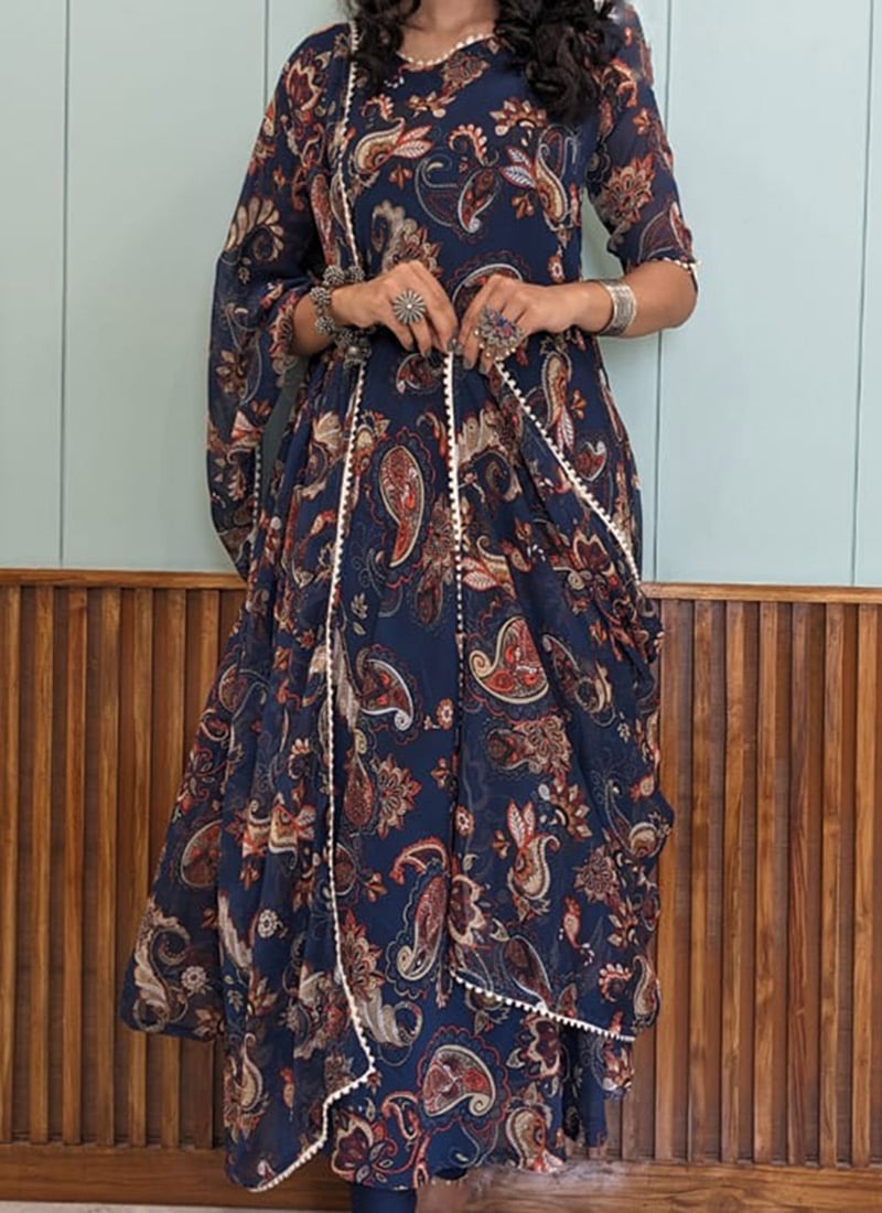 Blue ikat Printed Anarkali Kurta & Bandhani Dupatta