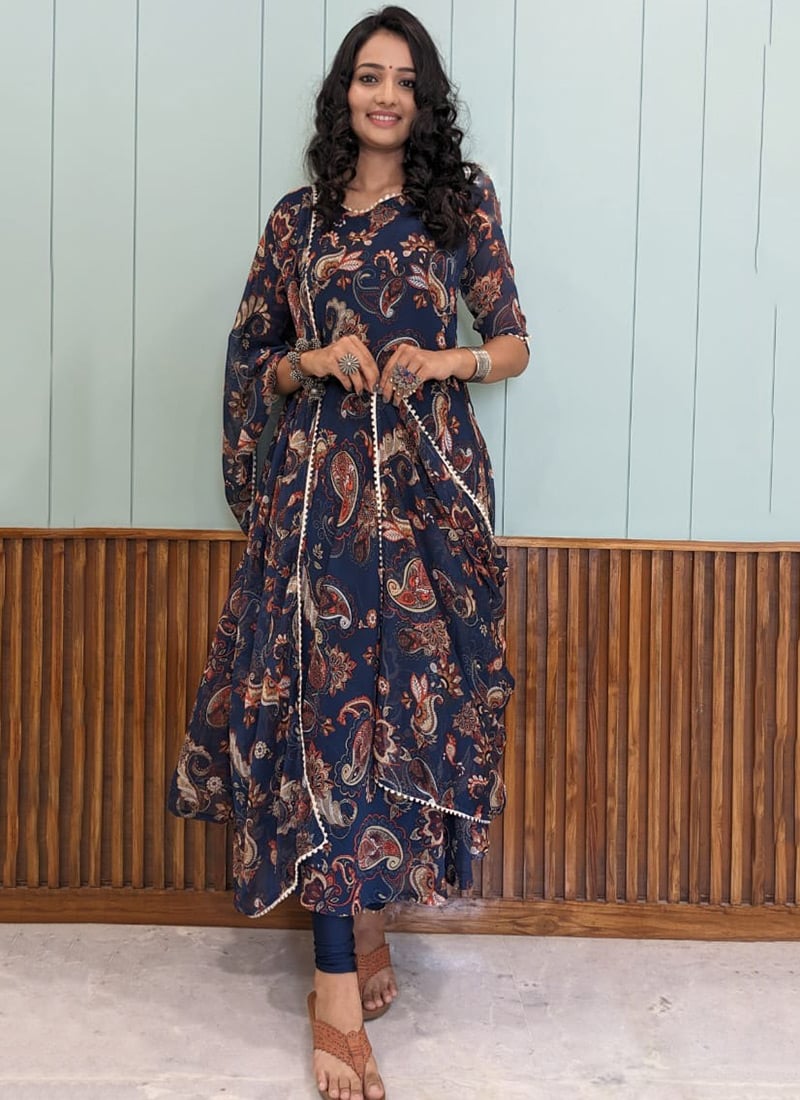 Printed Navy Blue Anarkali Style Kurti With Dupatta After Six Wear-KRSACY4919