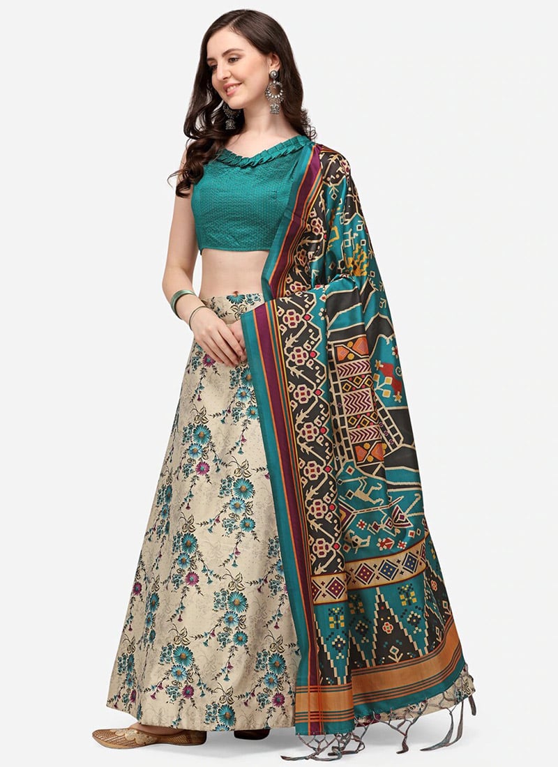 Printed Off White Satin Umbrella Lehenga Festive Wear