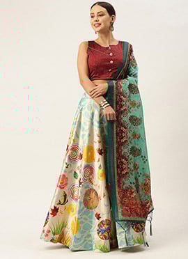 Printed Off White Satin Umbrella Lehenga