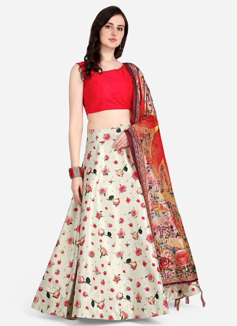 Printed Off White Satin Umbrella Lehenga Festive Wear