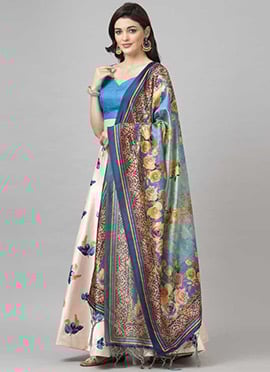 Printed Off White Satin Umbrella Lehenga