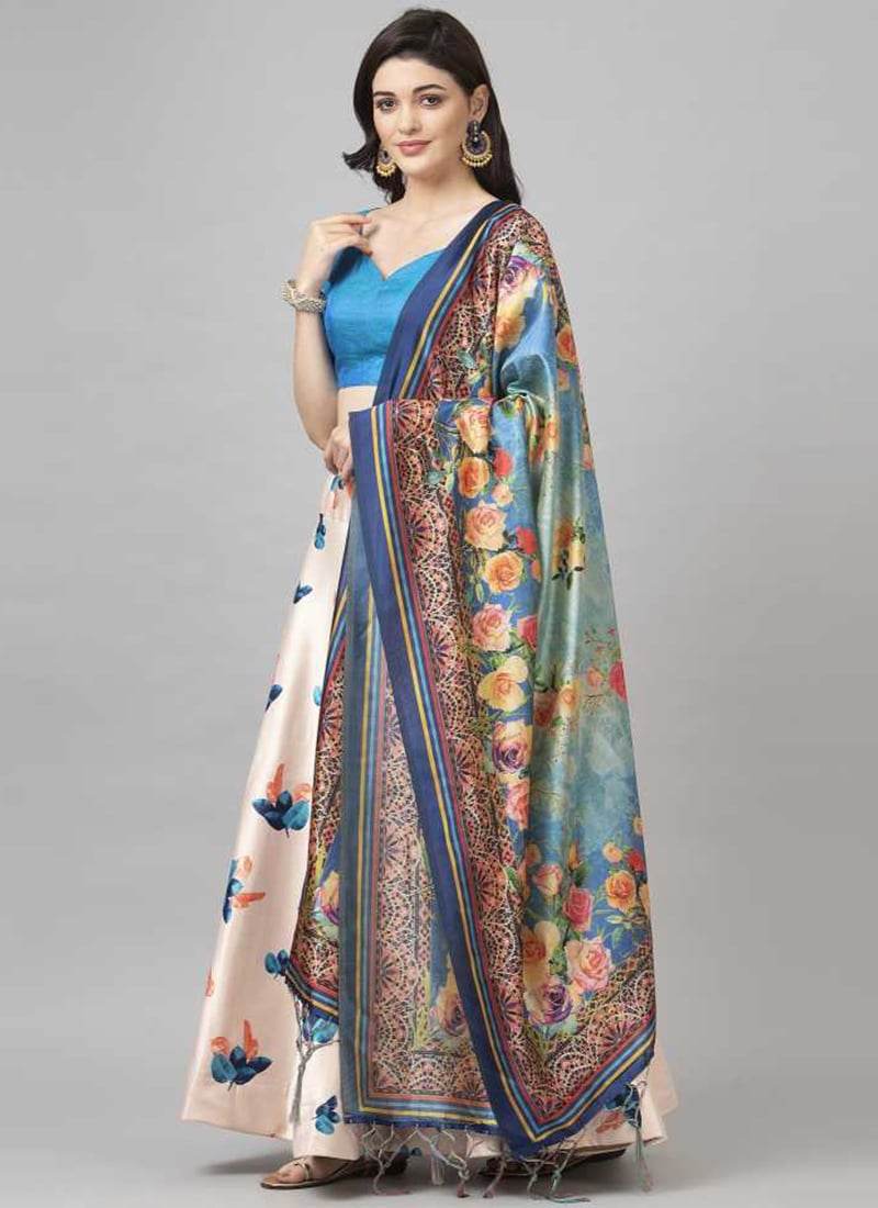 Printed Off White Satin Umbrella Lehenga Festive Wear