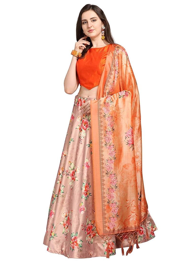 Printed Peach Satin Umbrella Lehenga Festive Wear