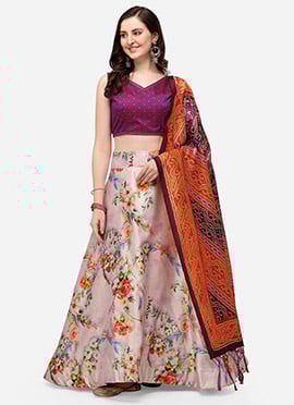 Printed Purplle Satin Umbrella Lehenga