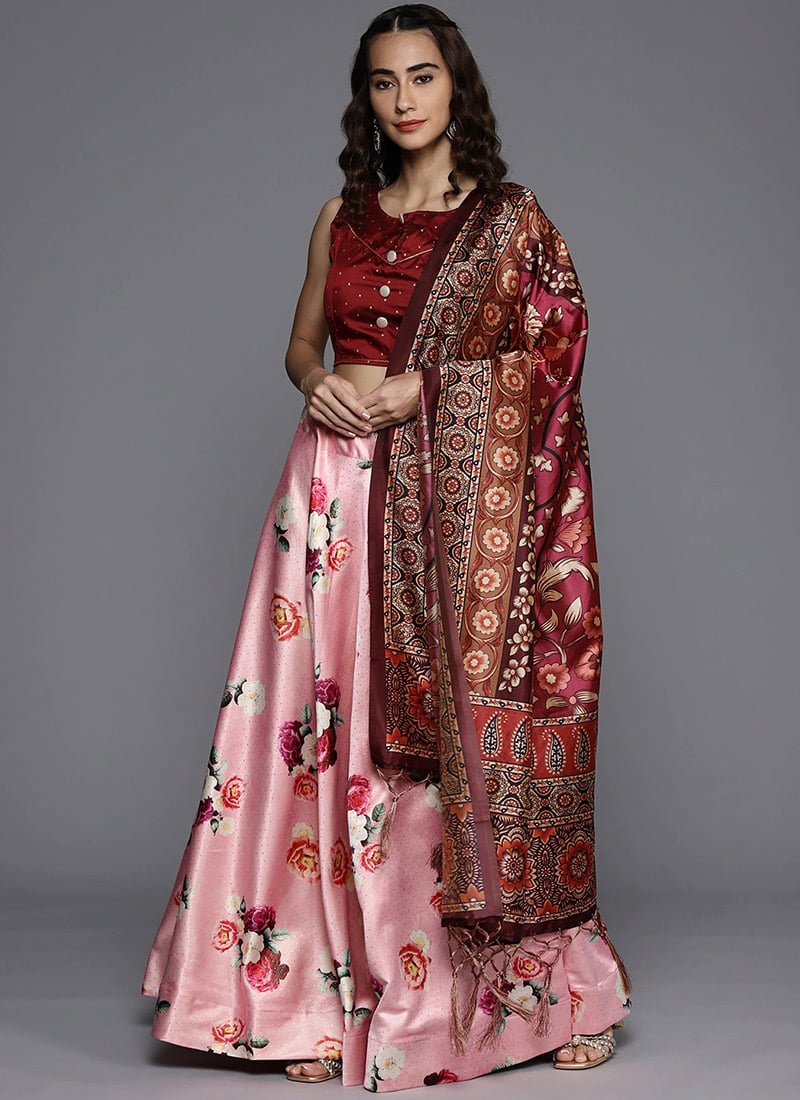 Printed Pink Satin Umbrella Lehenga Festive Wear