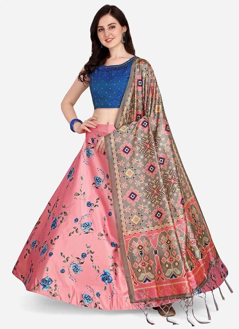 Printed Pink Satin Umbrella Lehenga Festive Wear