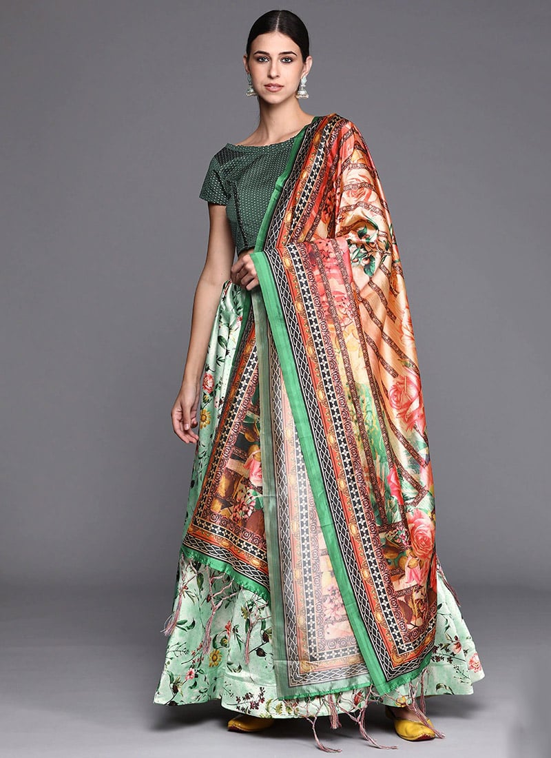 Printed Sea Green Satin Umbrella Lehenga