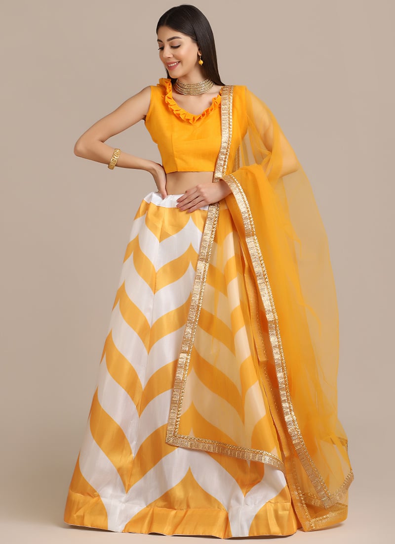 Printed Silk Yellow A Line Lehenga With Choli And Dupatta For Women Party Wear