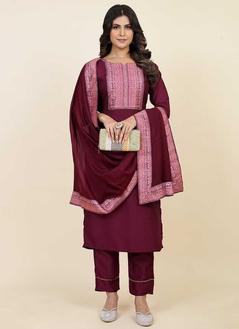 Printed Wine Chinon Straight Pant Suit Festive Wear