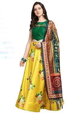 Printed Yellow Satin Umbrella Lehenga
