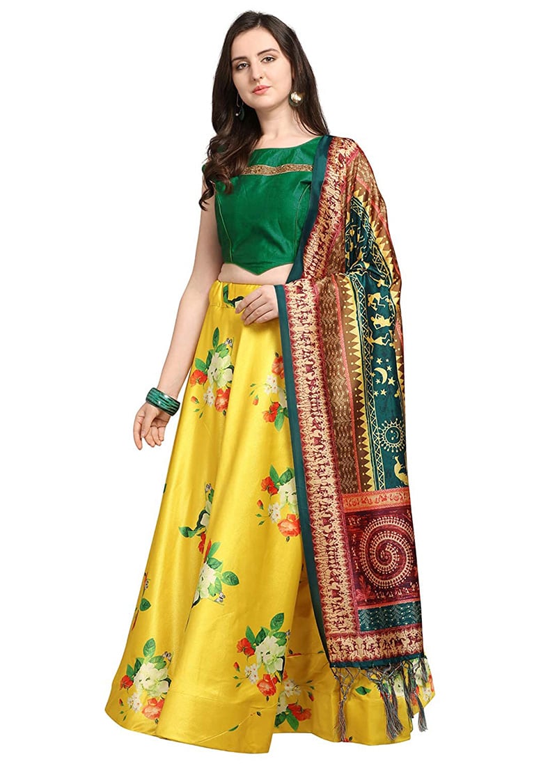 Printed Yellow Satin Umbrella Lehenga Festive Wear