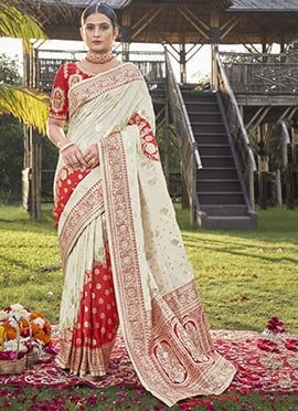 Pristine Opulence Off White Benarasi Silk Jacquard Zari Saree