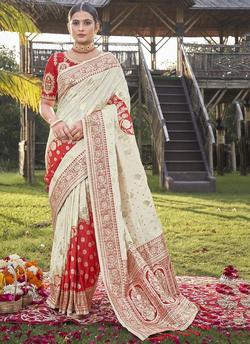Pristine Opulence Off White Benarasi Silk Jacquard Zari Saree  Festive Wear