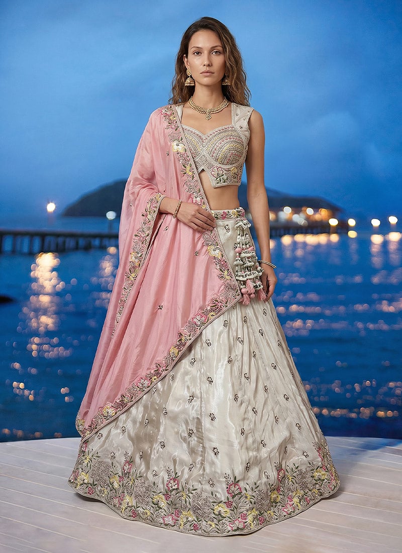 Pristine White Chiffon Embroidered Umbrella Lehenga Wedding Wear