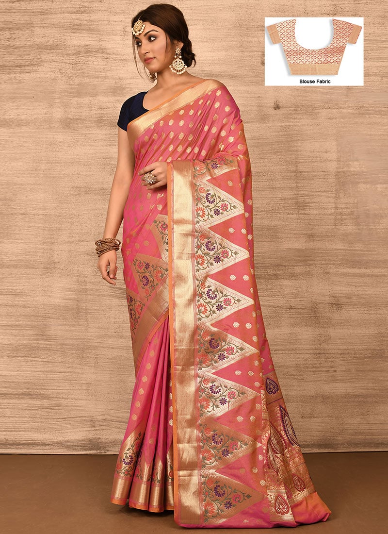 Punch Pink Banarasi Katan Zari Weaving Saree Festive Wear