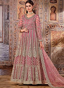 Punch Pink Net Embroidered N Sequins Anarkali Suit