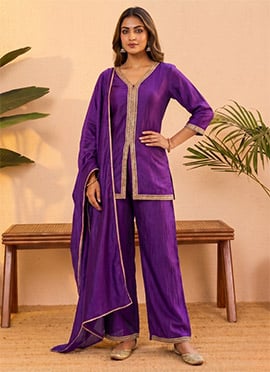 Puple Vichitra Silk Embroidered Sequins Palazzo Suit